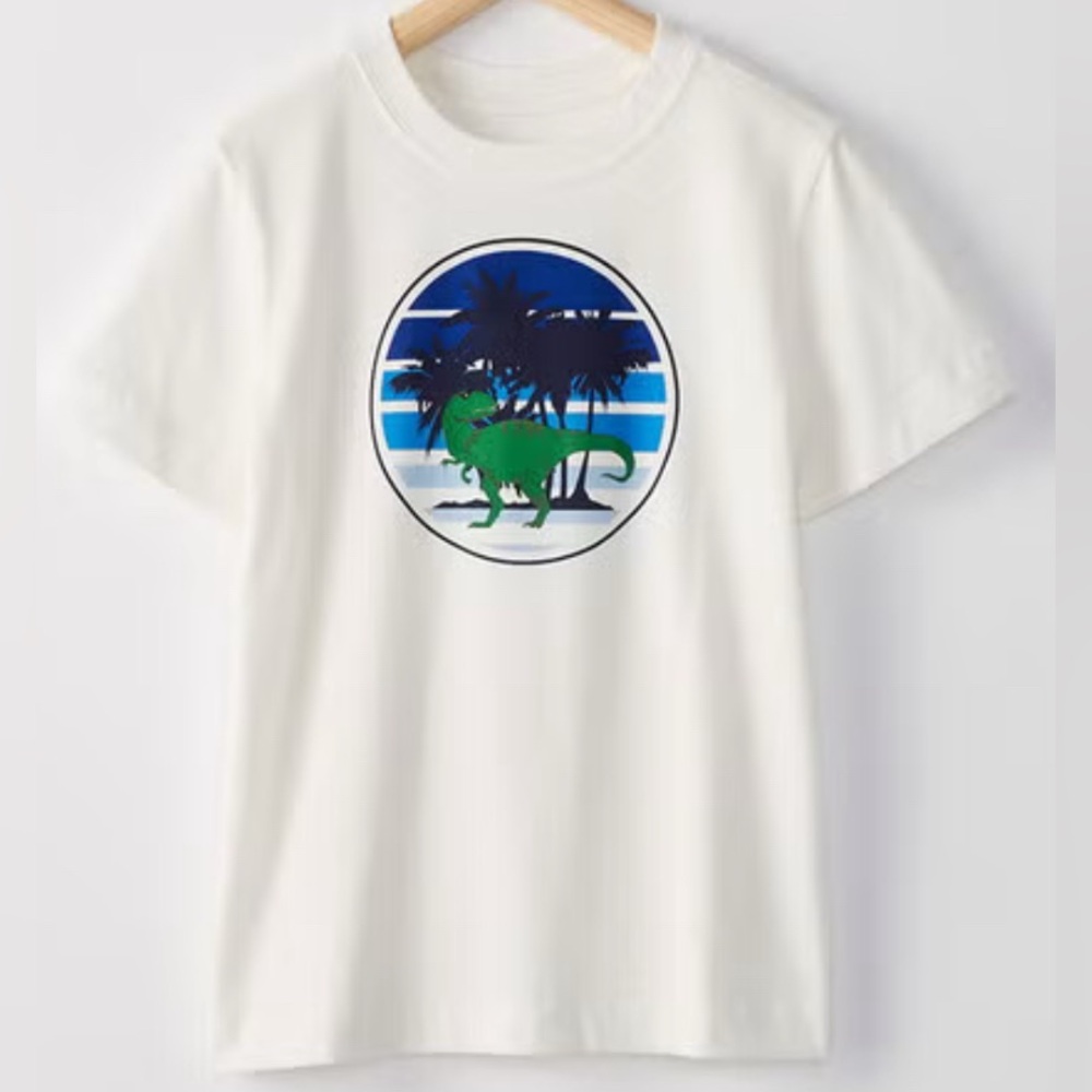 KIDS HANNA ANDERSSON SUEDED WHITE COTTON DINOSAUR GRAPHIC ART T-SHIRT - SIZE 6